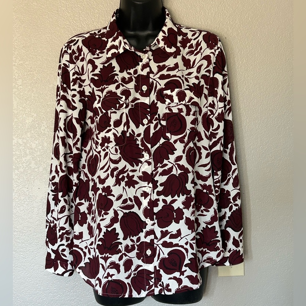 Ann Taylor Loft button down floral sheer blouse long sleeve collar career Sz MP